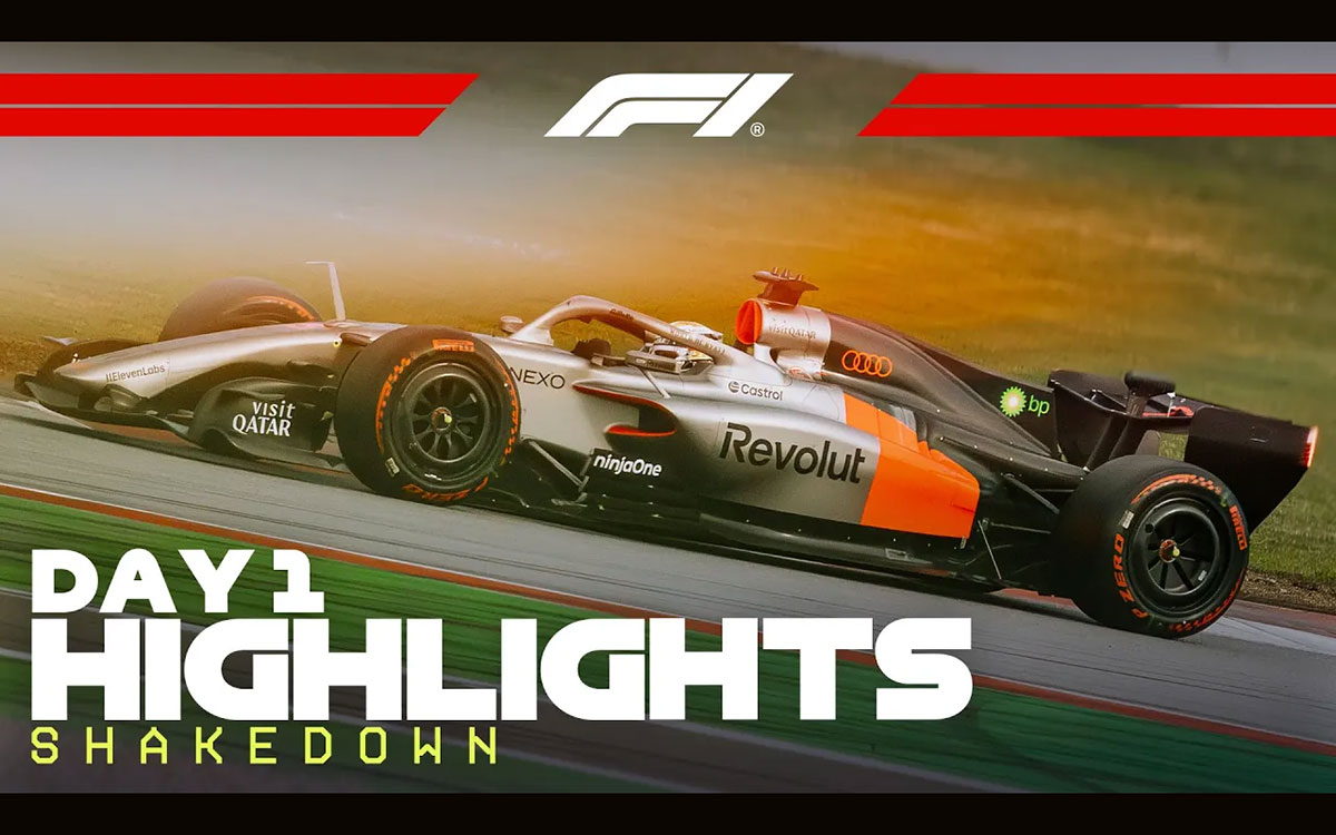 2026年1月26日にカタロニア・サーキットで開催されたF1バルセロナ・シェイクダウン初日ハイライト動画のグラフィック
