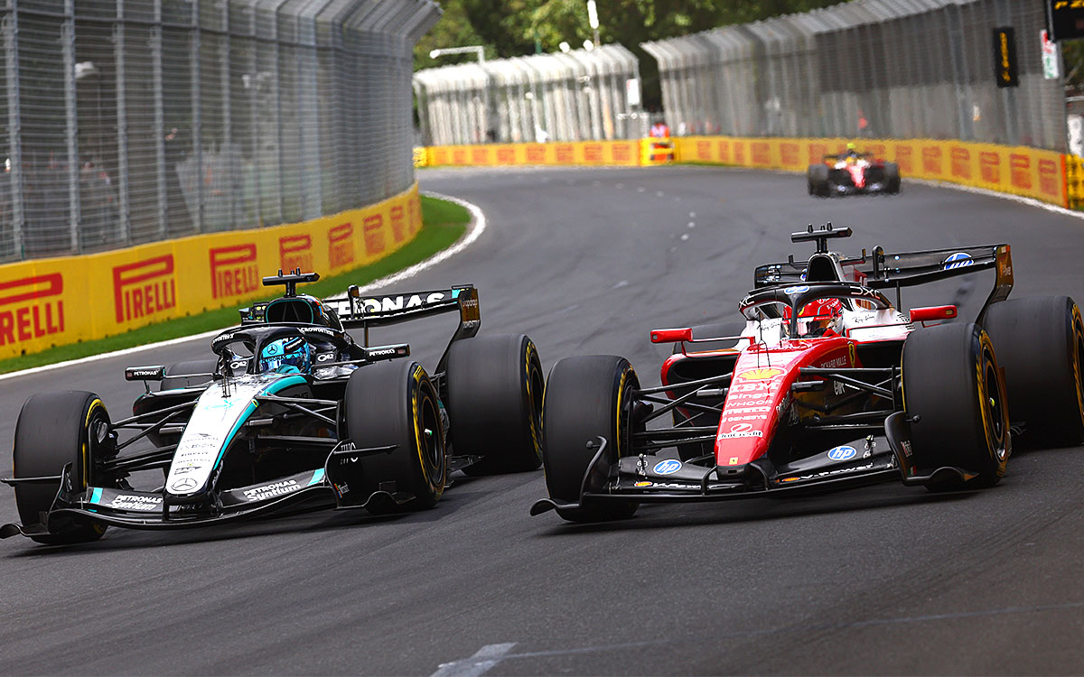 オーストラリアGPの決勝レースでトップを争うジョージ・ラッセル（メルセデス）とシャルル・ルクレール（フェラーリ）、2026年3月8日(日)-F1オーストラリアGP-アルバート・パーク・サーキット