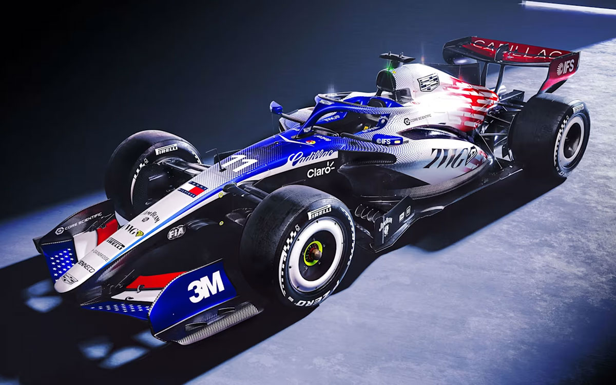 建国250周年を記念して星条旗をモチーフとしたスペシャルリバリー施されたキャデラックF1チームの2026年型マシン「MAC-26」、2026年F1イギリスGP（シルバーストン・サーキット） (1)