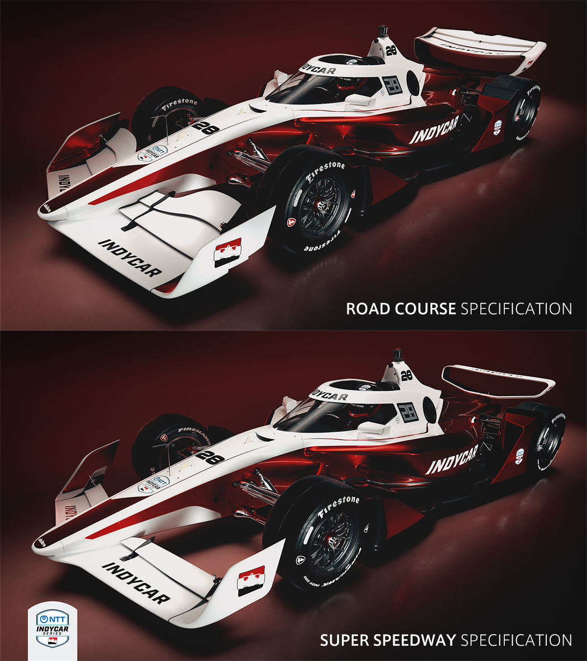 ロードコース仕様とスーパースピードウェイ仕様の新型インディカーマシン「IR-28」を並べたレンダリング画像のフロントビュー、2026年7月28日（火）