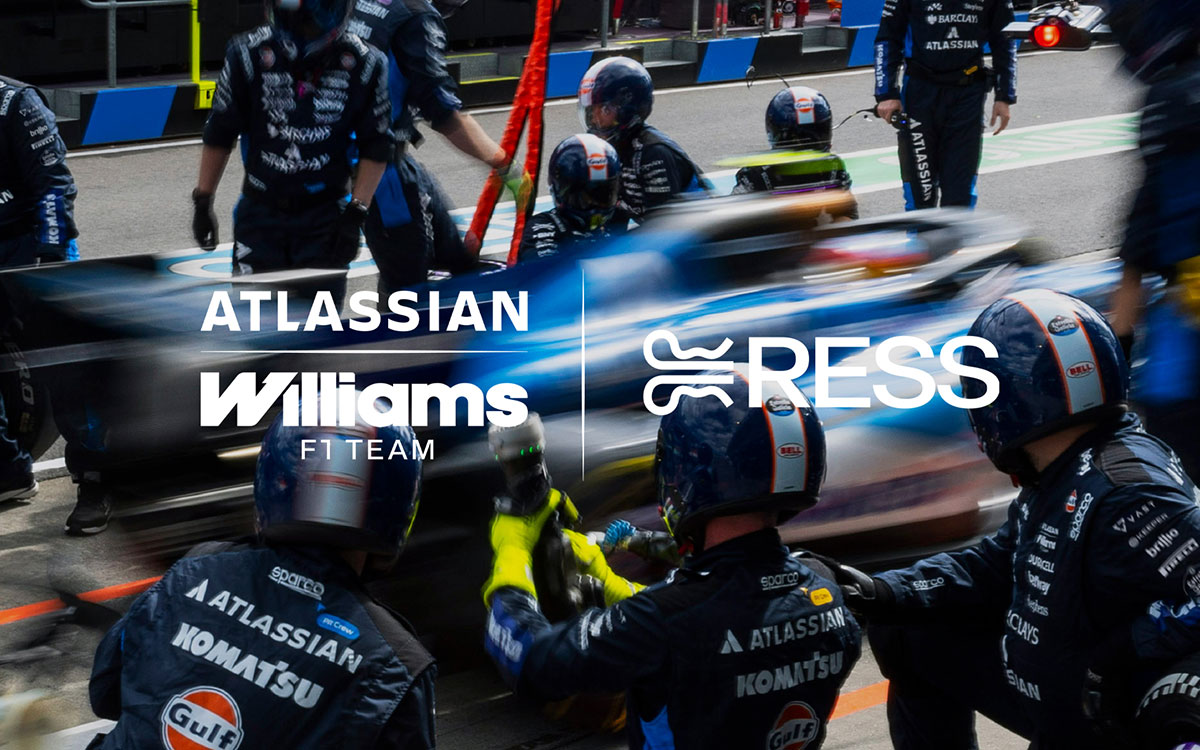 ピットストップ中のF1マシンとクルーを背景に配したウィリアムズF1チームとモータースポーツ専門ジュエリーブランド「RESS」のコラボレーション告知グラフィック