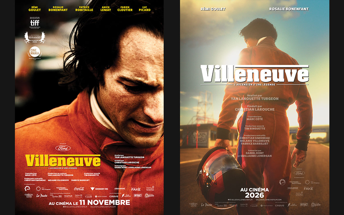 映画『Villeneuve Rise of a Legend』でレミ・グーレが演じるジル・ヴィルヌーヴを描いた2種類の公式ポスター、2026年9月