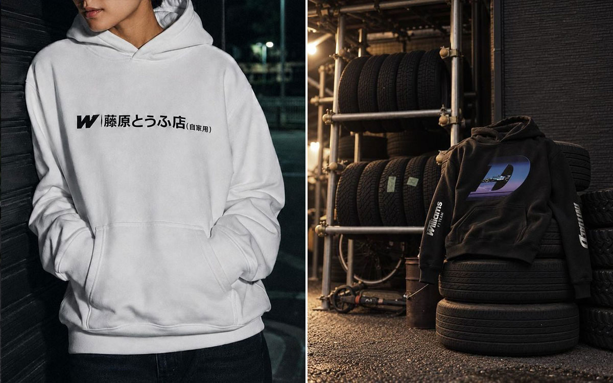 ウィリアムズF1チームと『頭文字D』のコラボレーションで登場した、「藤原とうふ店（自家用）」ロゴ入りの白いフーディーとウィリアムズのグラフィックをあしらった黒いフーディー