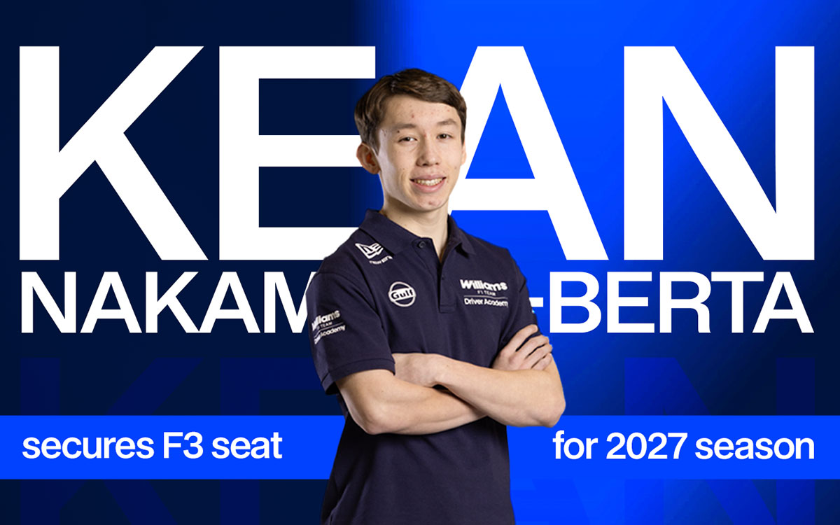 中村紀庵ベルタ（ウィリアムズF1チーム・ドライバー・アカデミー）の2027年FIA-F3参戦決定発表を告知するグラフィック、2026年9月17日