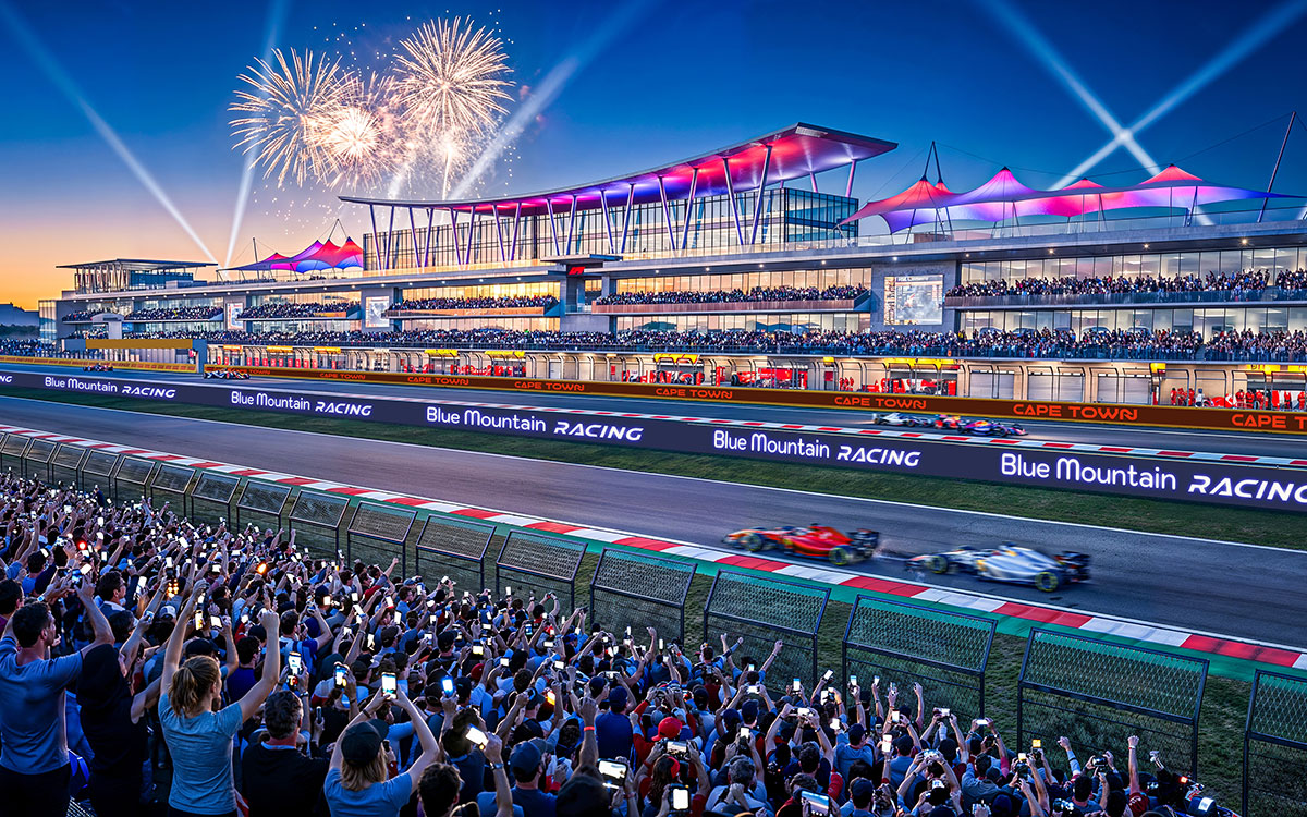 花火とライトに彩られた夕暮れのメインストレートをF1マシンが走行する様子、南アフリカ・ケープタウン近郊スワートランドに建設予定の新サーキット完成予想図、2026年9月30日(水)