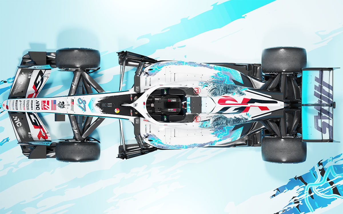 映画『ゴジラ-0.0』とのコラボに伴うF1アメリカGP専用スペシャルリバリーをまとったハースVF-26のレンダリング画像（真上）、2026年10月19日（月）公開