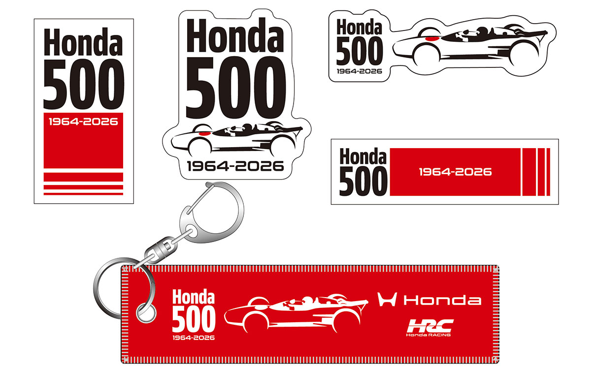 ホンダのF1通算500戦達成を記念した「Honda 500」ロゴと歴代F1マシンのシルエットをあしらったステッカーセットとフライトタグキーホルダー、2026年F1アメリカGP記念グッズ