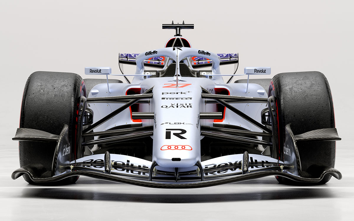 青みがかったシルバーの車体とプラナカン模様が特徴のアウディR26 F1シンガポールGPスペシャルリバリー正面図、2026年10月5日(月)公開