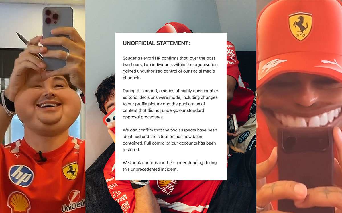 フェラーリ公式SNSをジャックしたルイス・ハミルトンとシャルル・ルクレールが変顔フィルターで撮影した動画キャプチャと、チームが冗談交じりに発表した「非公式声明」、2026年10月8日(木) F1シンガポールGPメディアデー