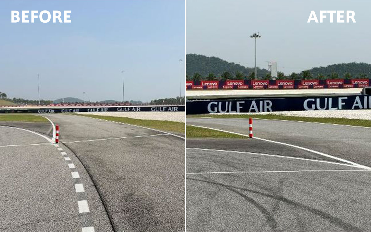 ドライバーからの懸念を受け、FP3を前にピット入口を示すボラードを従来より奥へ移設した前後の比較、2026年10月3日(土) F1バーレーンGP（セパン・インターナショナル・サーキット）